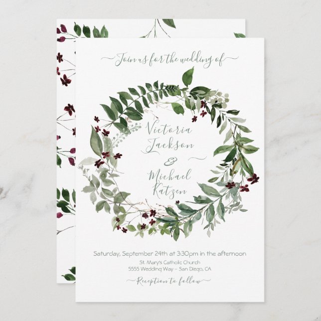 Grüner Burgunder Blumenkranz Einladung (Vorne/Hinten)