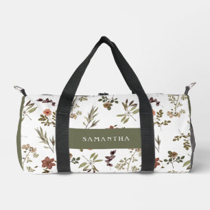 Grüner Burgunder-Wildblumen-Monogramm-Name Duffle Bag
