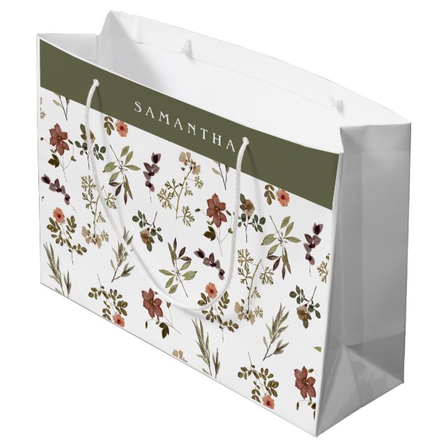 Grüner Burgunder Wildblumen-Monogramm-Name Große Geschenktüte (Rückseite Schrägansicht)