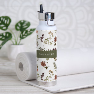 Grüner Burgunder-Wildblumen-Monogramm-Name Trinkflasche