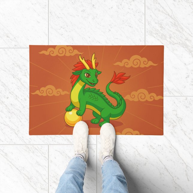 Grüner chinesischer Drache auf Rot Fußmatte (Indoor)