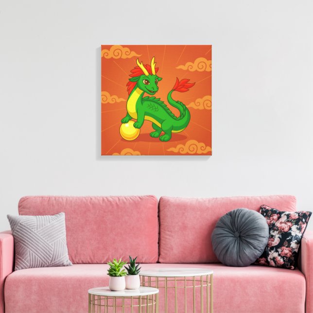 Grüner chinesischer Drache auf Rot Leinwanddruck (Insitu (Wohnzimmer))