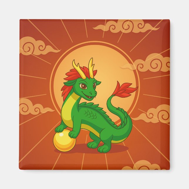 Grüner chinesischer Drache auf Rot Magnet (Vorne)