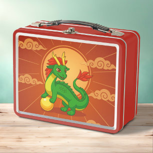 Grüner chinesischer Drache auf Rot Metall Brotdose
