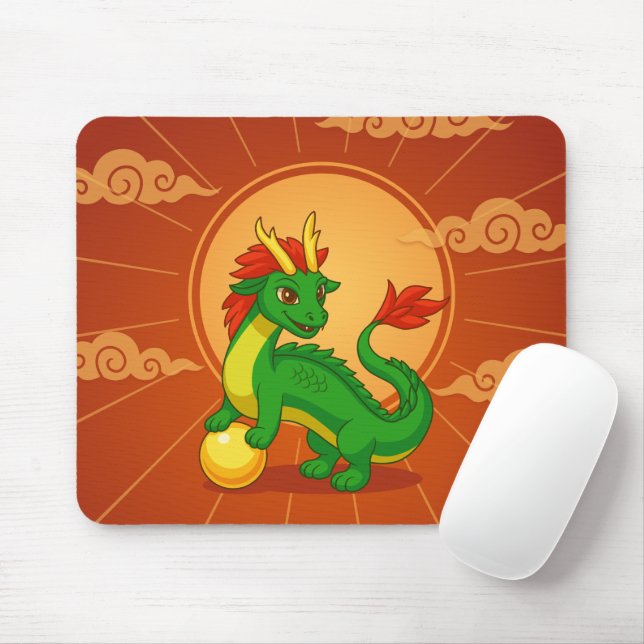Grüner chinesischer Drache auf Rot Mousepad (Mit Mouse)