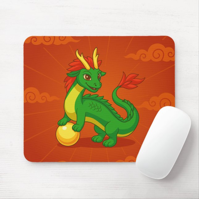 Grüner chinesischer Drache auf Rot Mousepad (Mit Mouse)