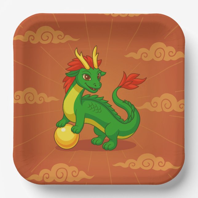 Grüner chinesischer Drache auf Rot Pappteller (Vorderseite)