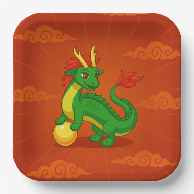 Grüner chinesischer Drache auf Rot Pappteller (Vorderseite)