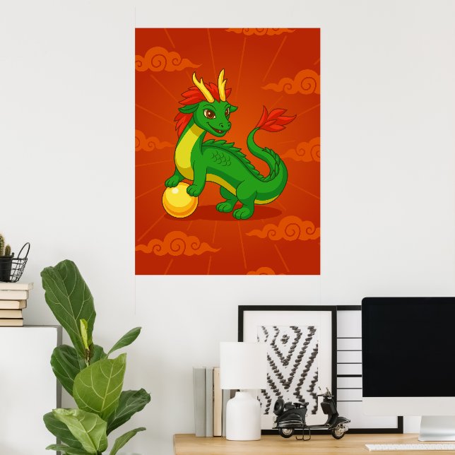 Grüner chinesischer Drache auf Rot Poster (Heimbüro)