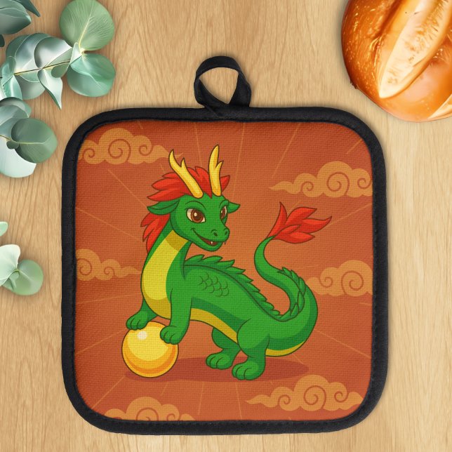 Grüner chinesischer Drache auf Rot Topflappen (Von Creator hochgeladen)
