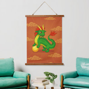Grüner chinesischer Drache auf Rot Wandteppich Mit Holzrahmen