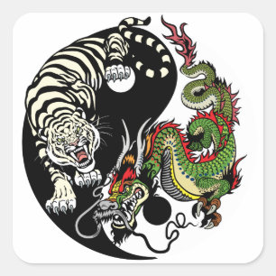 grüner chinesischer Drache und weißer Tiger YIN  Quadratischer Aufkleber