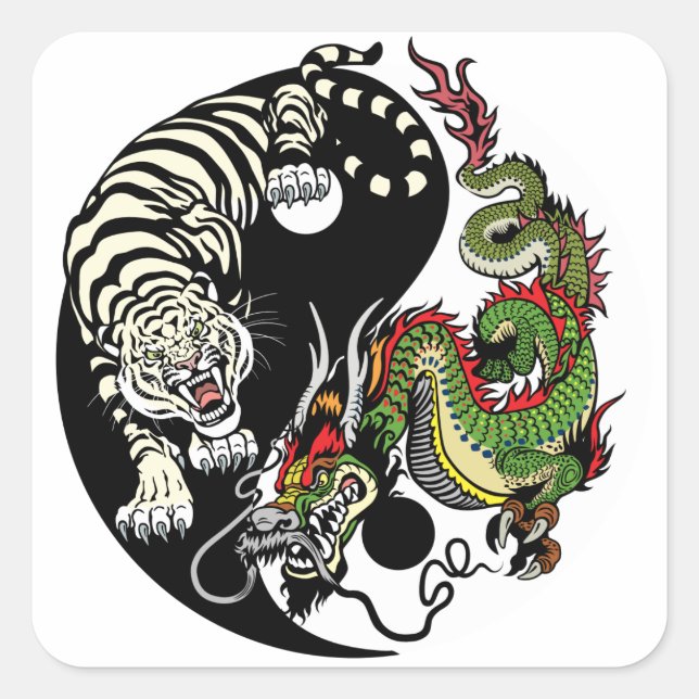 grüner chinesischer Drache und weißer Tiger YIN YA Quadratischer Aufkleber (Vorderseite)