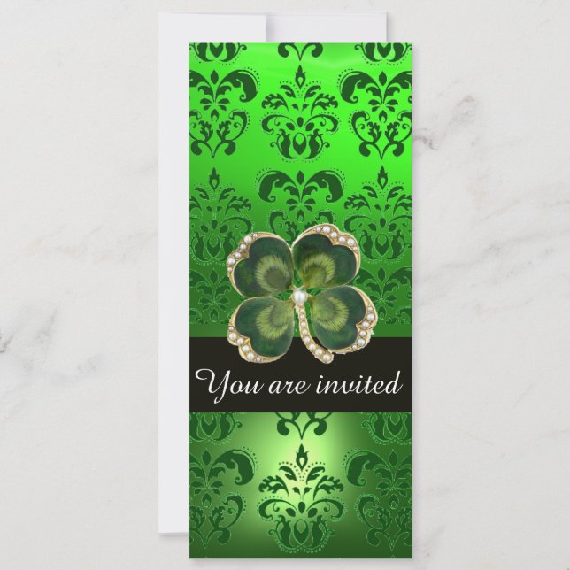 GRÜNER DAMASK, GOLD KLEEBLATT JEWEL MIT WEISSEN PF EINLADUNG (Vorderseite)