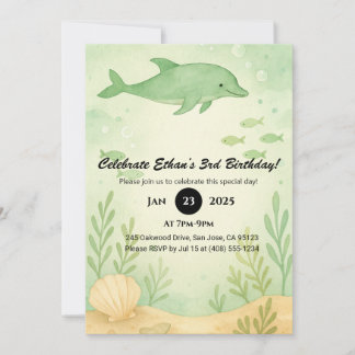 Grüner Delfin & Unterwasser-Garten Geburtstag Einladung