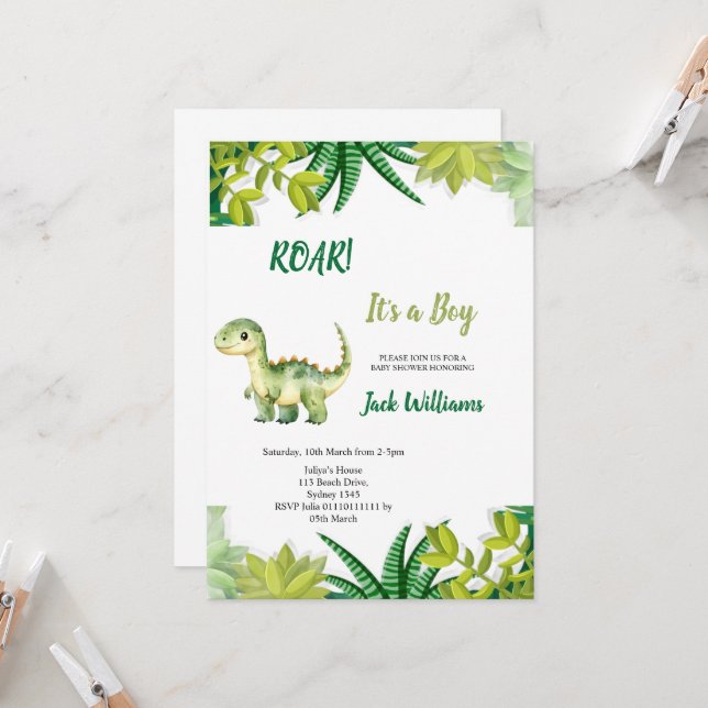  GRÜNER DINOSAURIER  BABYSHOWER  EINLADUNG (Vorderseite/Rückseite Beispiel)