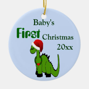 Grüner Dinosaurier in einer Weihnachtsmannmütze  Keramik Ornament