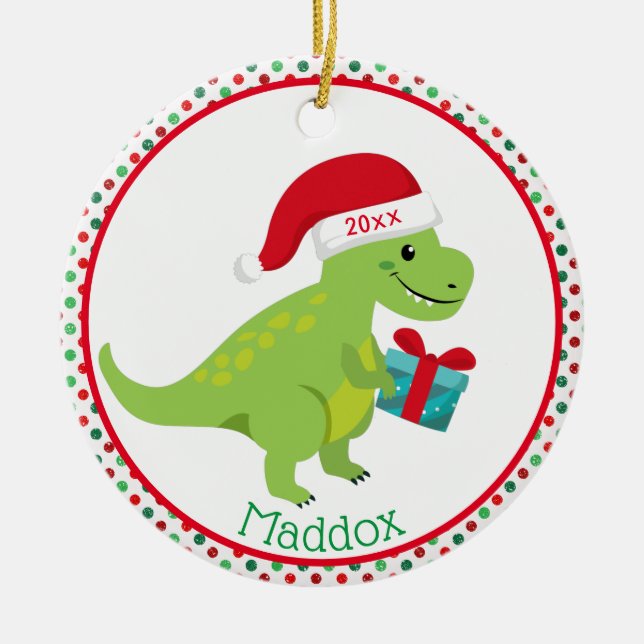 Grüner Dinosaurier mit Personalisierter Weihnachts Keramik Ornament (Vorne)