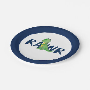 Grüner Dinosaurier-Party des Marine-Blau-"RAWR" Pappteller
