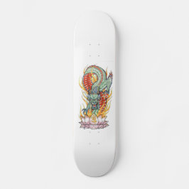 Grüner Drache auf einem flammenden Lotus-Skateboar Skateboard