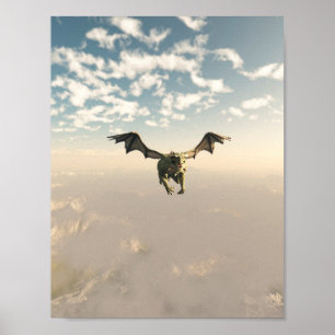 Grüner Drache, der über die Berge fliegt Poster