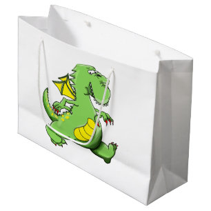 Grüner Drache des Cartoon, der auf seine hinteren Große Geschenktüte