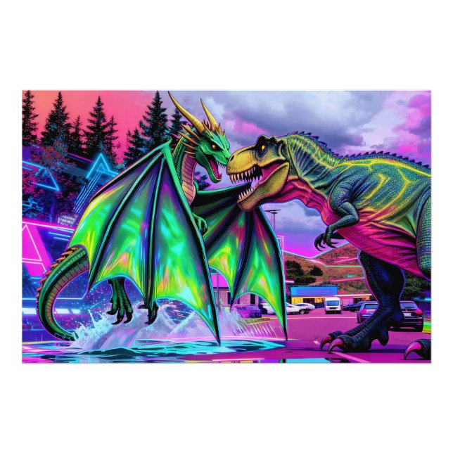 Grüner Drache gegen Dinosaurier Fotodruck (Vorne)
