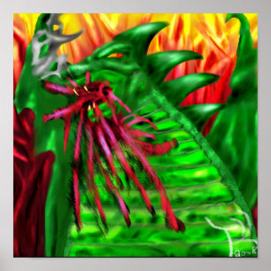 Grüner Drache in Flammen Fantasy-Kunst  Poster