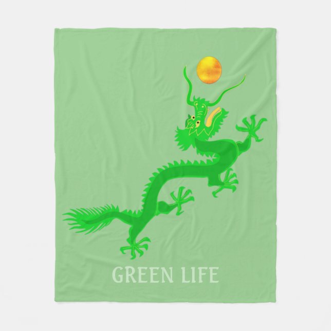 Grüner Drache mit goldenem Sonnenball auf Grün Fleecedecke (Vorderseite)