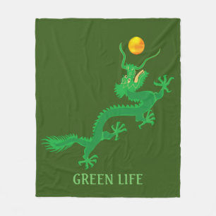 Grüner Drache mit goldenem Sonnenball auf Grün Fleecedecke