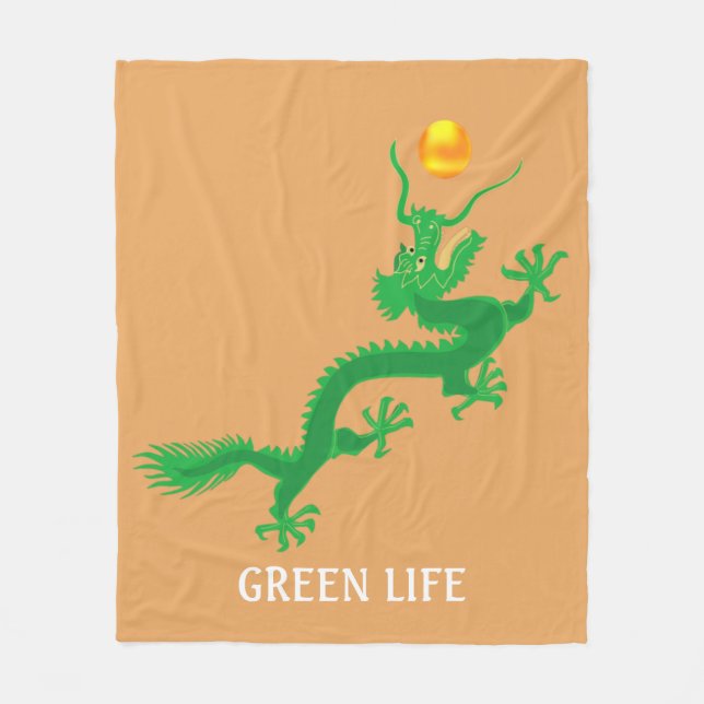 Grüner Drache mit goldenem Sonnenball in leichter  Fleecedecke (Vorderseite)
