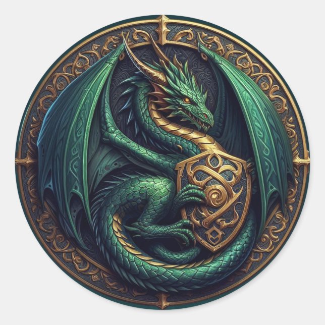 Grüner Drache mit Schild Runder Aufkleber (Vorderseite)