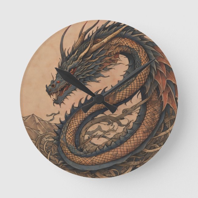 Grüner Drache  Runde Wanduhr (Vorderseite)