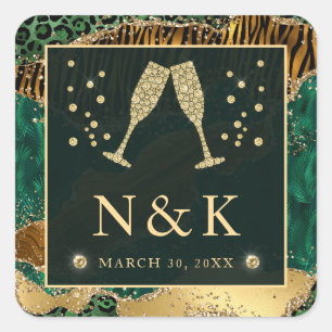 Grüner Dschungel-Tierdruck Glitter-Achat-Hochzeit Quadratischer Aufkleber