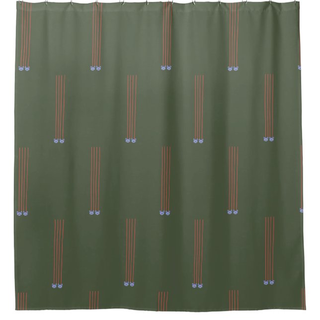 Grüner Duschvorhang mit Linien und blauen Katzen (Vorderseite)