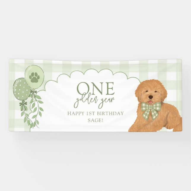 Grüner Eins Goldenes Jahr Doodle Welpe 1. Geburtst Banner (Horizontal)