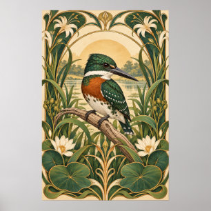 Grüner Eisvogel in Art Nouveau-Feuchtgebieten Poster