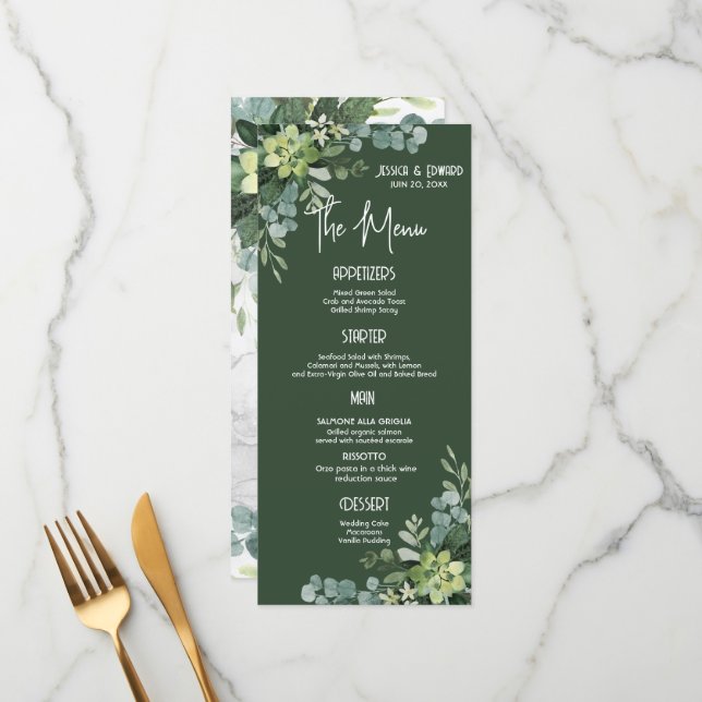 Grüner Eleganter Wasserfarbenflorale Minimal Menükarte (Vorderseite/Rückseite Beispiel)