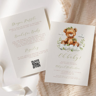 Grüner Eukalyptus-Teddybär QR-Code-Baby-Party Einladung