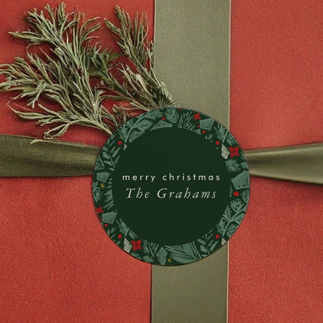 Grüner Feiertag Runder Aufkleber (Green Festive Botanical Holiday Classic Round Sticker)