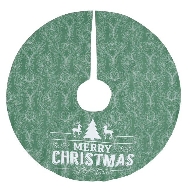 Grüner filigraner Damast. Frohe 🎄 Polyester Weihnachtsbaumdecke (Vorderseite)