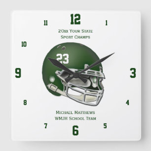 Grüner Football-Helm-Name und Schuluhr Quadratische Wanduhr