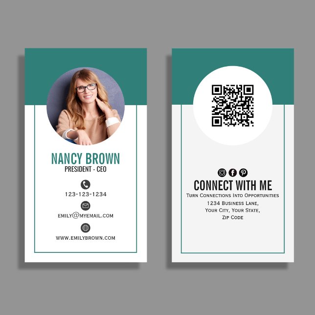 Grüner Foto-QR-Code: Verbinde dich mit mir Minimal Visitenkarte (Modern green photo QR code design with clean layout for stylish professional networking)