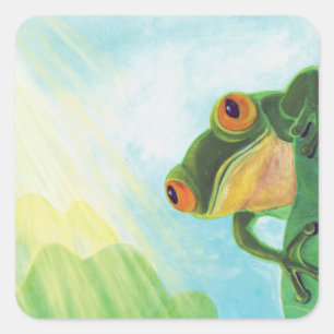 Grüner Frosch, der Sonnenstrahlen fängt Quadratischer Aufkleber