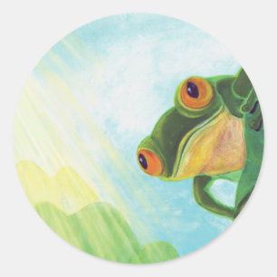 Grüner Frosch, der Sonnenstrahlen fängt Runder Aufkleber