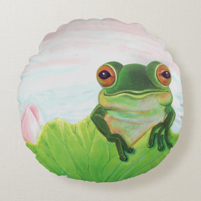 Grüner Frosch Entspannen im Teich Rundes Kissen (Vorderseite)