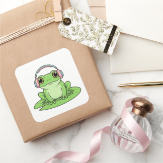 Grüner Frosch hört Musik – Pastell-Vibe Quadratischer Aufkleber