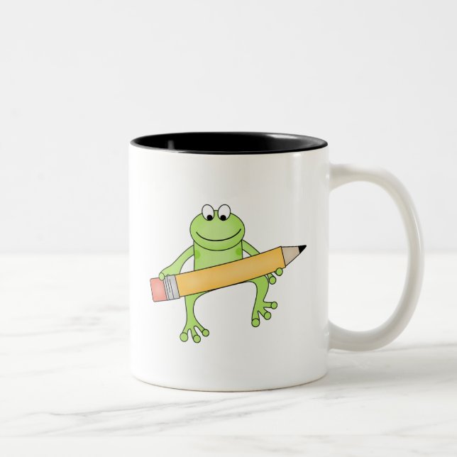 Grüner Frosch mit Bleistift-T-Shirts und Zweifarbige Tasse (Rechts)
