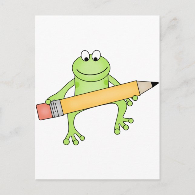 Grüner Frosch mit Bleistiftschürzen und -geschenke Postkarte (Vorderseite)