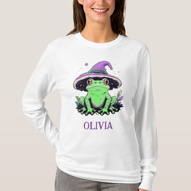 Grüner Frosch mit Lila Hexenhut T-Shirt (Vorderseite)